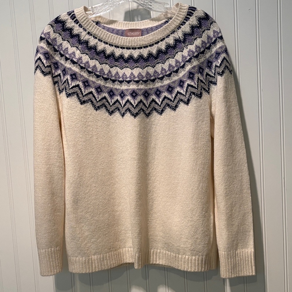 Chico's Ivory and Lavender Fair Isle Knit Sweater Size 1 (Small)